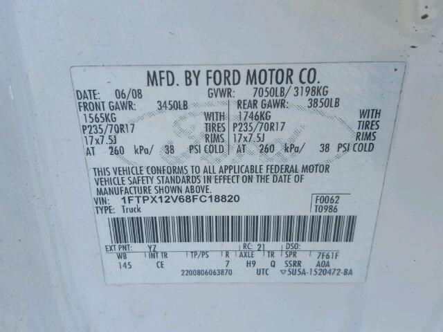 1FTPX12V68FC18820 - 2008 FORD F150 WHITE photo 10