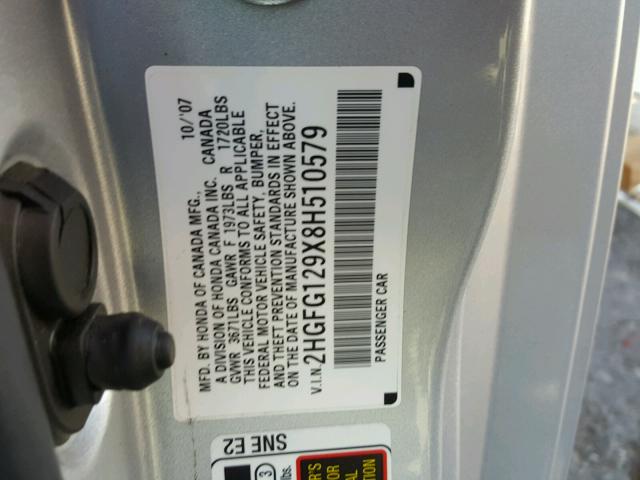 2HGFG129X8H510579 - 2008 HONDA CIVIC EXL 银色 照片 10