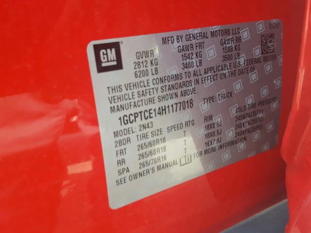 1GCPTCE14H1177018 - 2017 CHEVROLET COLORADO L RED photo 10