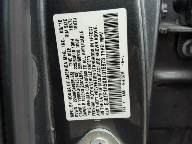 5J6TF1H5XAL015973 - 2010 HONDA ACCORD CRO GRAY photo 10