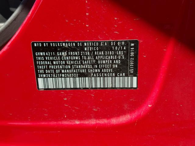 3VW2K7AJ1FM250322 - 2015 VOLKSWAGEN JETTA BASE 红色 照片 10