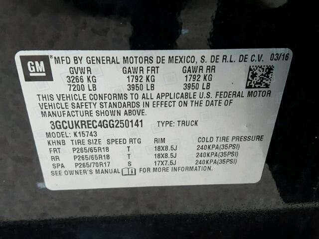 3GCUKREC4GG250141 - 2016 CHEVROLET SILVERADO BLACK photo 10