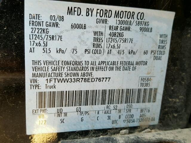 1FTWW33R78ED76777 - 2008 FORD F350 BLACK photo 10