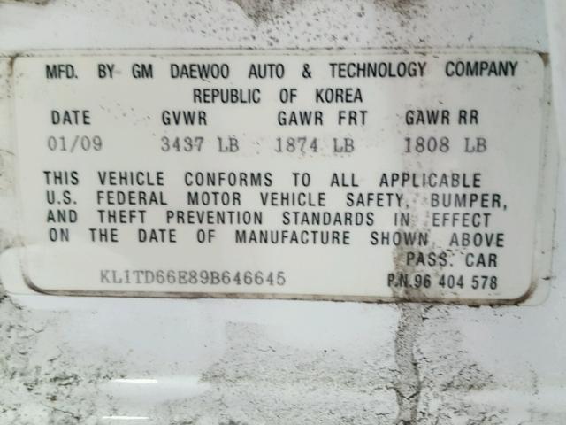 KL1TD66E89B646645 - 2009 CHEVROLET AVEO LS WHITE photo 10