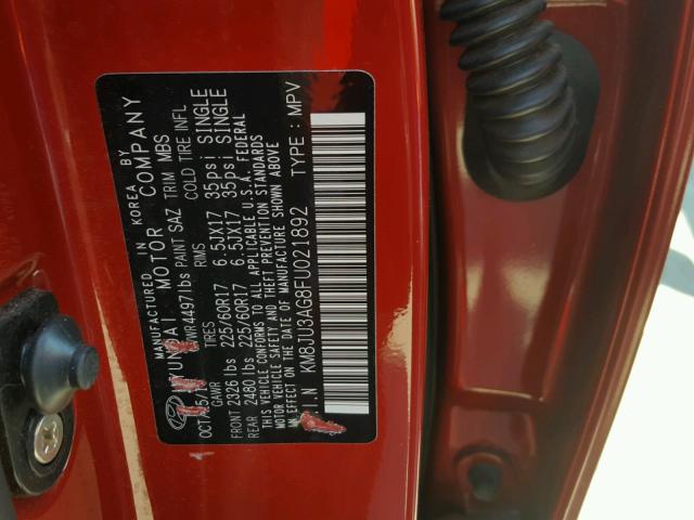 KM8JU3AG8FU021892 - 2015 HYUNDAI TUCSON LIM RED photo 10