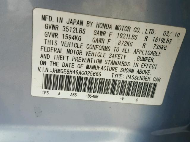 JHMGE8H46AC025666 - 2010 HONDA FIT BLUE photo 15