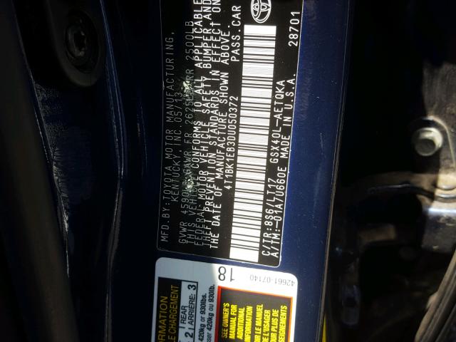 4T1BK1EB3DU050372 - 2013 TOYOTA AVALON BAS BLUE photo 10