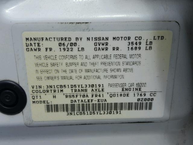 3N1CB51D5YL330191 - 2000 NISSAN SENTRA BAS WHITE photo 10