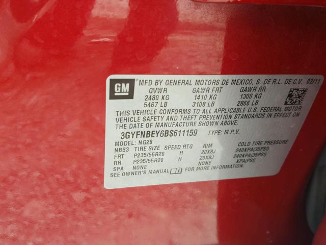 3GYFNBEY6BS611159 - 2011 CADILLAC SRX PERFOR 红色 照片 10