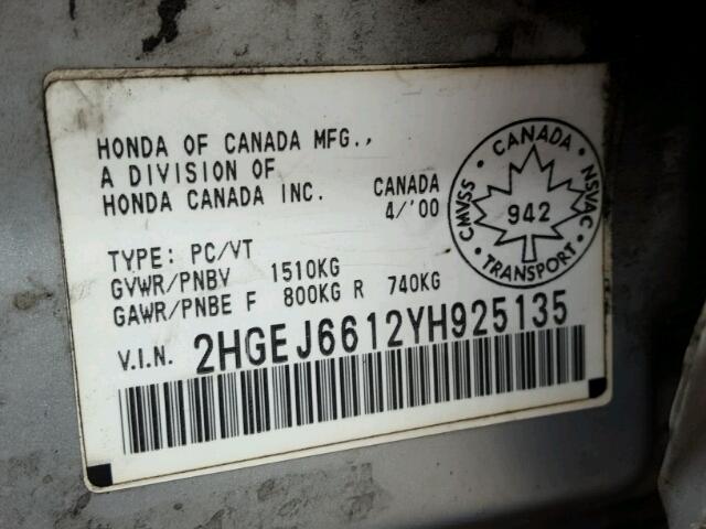 2HGEJ6612YH925135 - 2000 HONDA CIVIC BASE SILVER photo 10