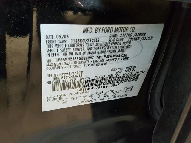 1MEFM42185G622967 - 2005 MERCURY MONTEGO BLACK photo 10