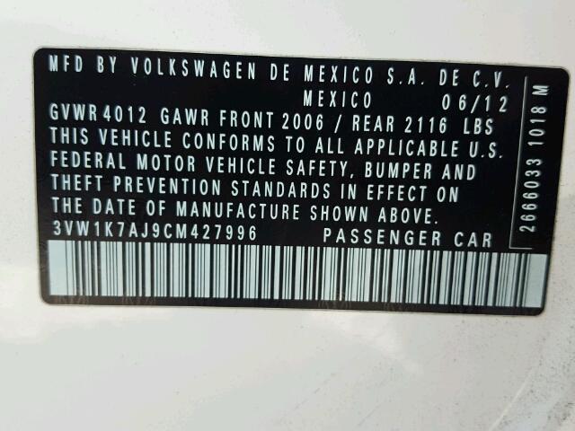 3VW1K7AJ9CM427996 - 2012 VOLKSWAGEN JETTA BASE Սպիտակ լուսանկար 10