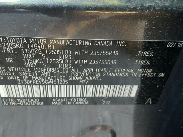 2T3DFREV9GW451295 - 2016 TOYOTA RAV4 石墨色 照片 10