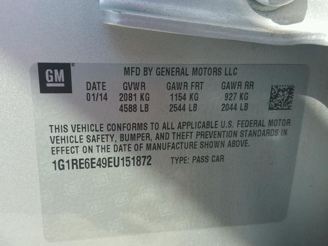 1G1RE6E49EU151872 - 2014 CHEVROLET VOLT SILVER photo 10