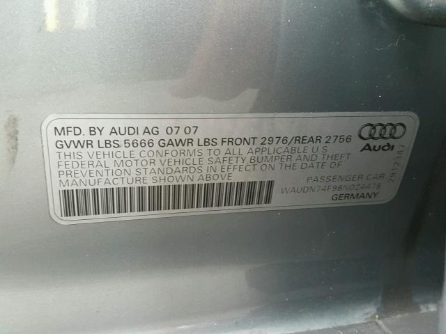 WAUDN74F98N024478 - 2008 AUDI S6 QUATTRO GRAY photo 10