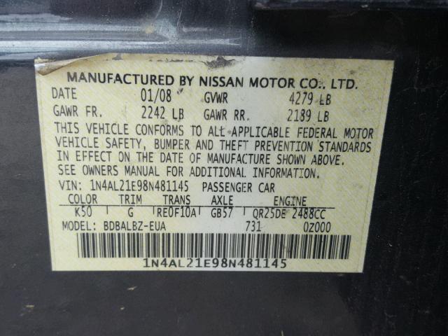 1N4AL21E98N481145 - 2008 NISSAN ALTIMA 2.5 GRAY photo 10