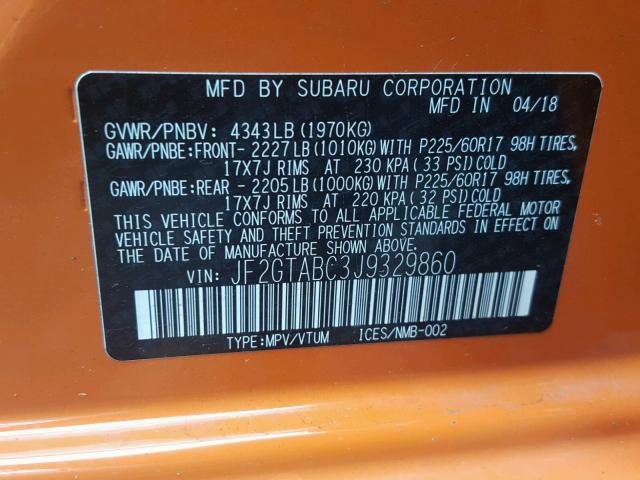 JF2GTABC3J9329860 - 2018 SUBARU CROSSTREK ORANGE photo 10