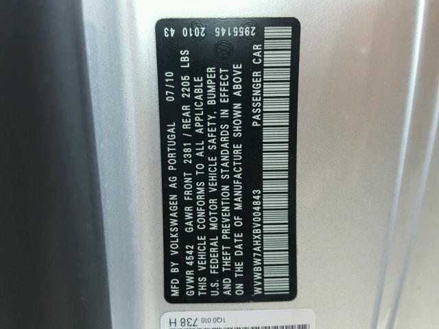 WVWBW7AHXBV004843 - 2011 VOLKSWAGEN EOS KOMFOR ვერცხლისფერი ფოტო 10