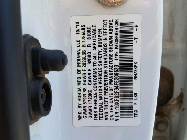 19XFB2F94FE206623 - 2015 HONDA CIVIC EXL 白色 照片 10