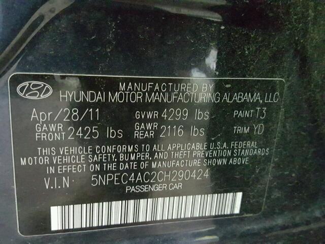 5NPEC4AC2CH290424 - 2012 HYUNDAI SONATA SE შავი ფოტო 10