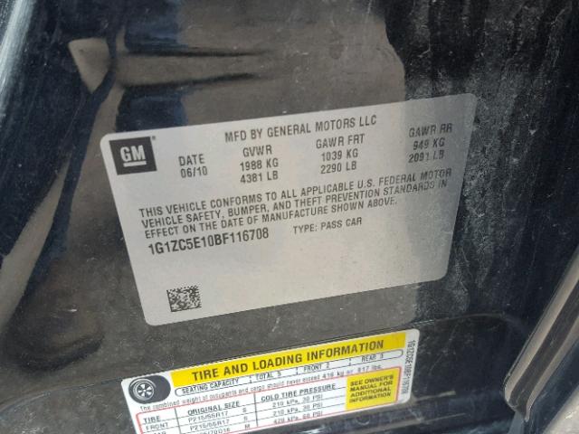 1G1ZC5E10BF116708 - 2011 CHEVROLET MALIBU 1LT შავი ფოტო 10