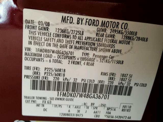 1FMDK07W48GA36701 - 2008 FORD TAURUS X E BURGUNDY photo 10