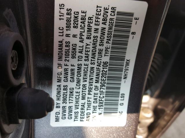 19XFC1F79GE202106 - 2016 HONDA CIVIC EXL GRAY photo 10