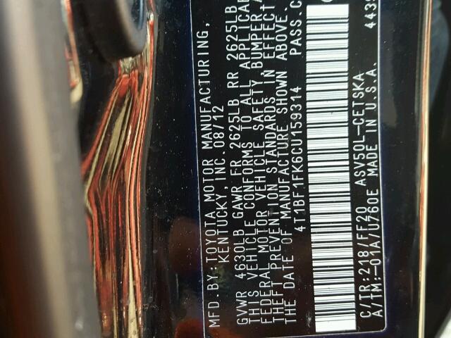 4T1BF1FK6CU159314 - 2012 TOYOTA CAMRY BASE BLACK photo 10