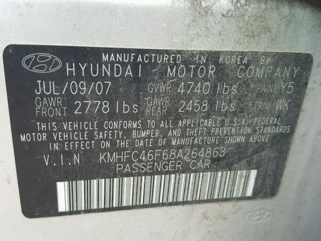 KMHFC46F68A264863 - 2008 HYUNDAI AZERA SE SILVER photo 10