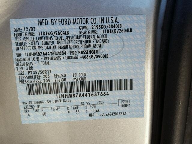 1LNHM87A44Y637884 - 2004 LINCOLN LS Gümüş foto 10