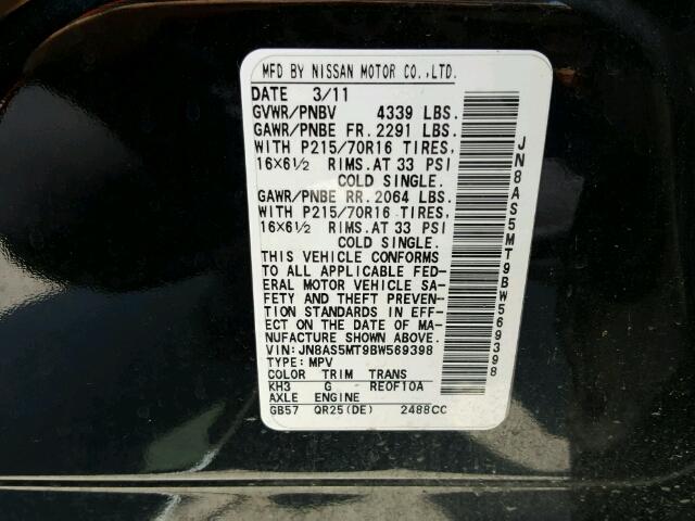 JN8AS5MT9BW569398 - 2011 NISSAN ROGUE S BLACK photo 10