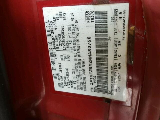 1FTHF25M2MNA80760 - 1991 FORD F250 RED photo 10