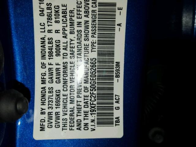 19XFC2F50GE052665 - 2016 HONDA CIVIC BLUE photo 10