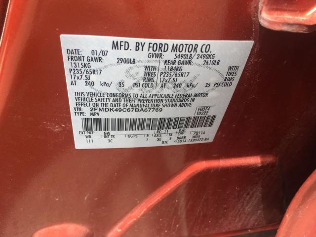 2FMDK49C67BA67769 - 2007 FORD EDGE SEL P ORANGE photo 10