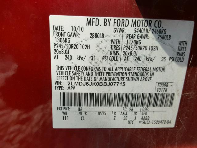 2LMDJ6JK0BBJ07715 - 2011 LINCOLN MKX RED photo 10