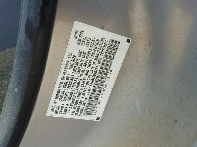 5FNRL38407B114826 - 2007 HONDA ODYSSEY EX GRAY photo 10