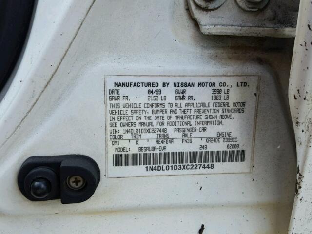 1N4DL01D3XC227448 - 1999 NISSAN ALTIMA XE WHITE photo 10