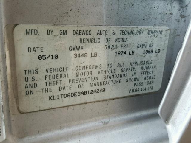 KL1TD6DE8AB124248 - 2010 CHEVROLET AVEO LS SILVER photo 10