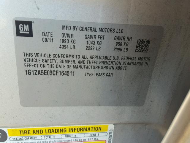 1G1ZA5E03CF164511 - 2012 CHEVROLET MALIBU LS Gümüş foto 10