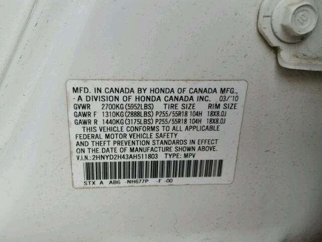 2HNYD2H43AH511803 - 2010 ACURA MDX WHITE photo 10