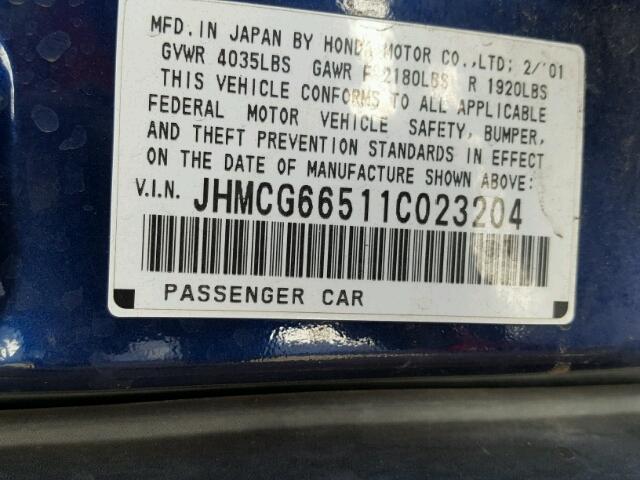 JHMCG66511C023204 - 2001 HONDA ACCORD BLUE photo 10