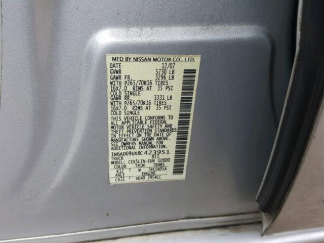1N6AD09UX8C423951 - 2008 NISSAN FRONTIER C SILVER photo 10