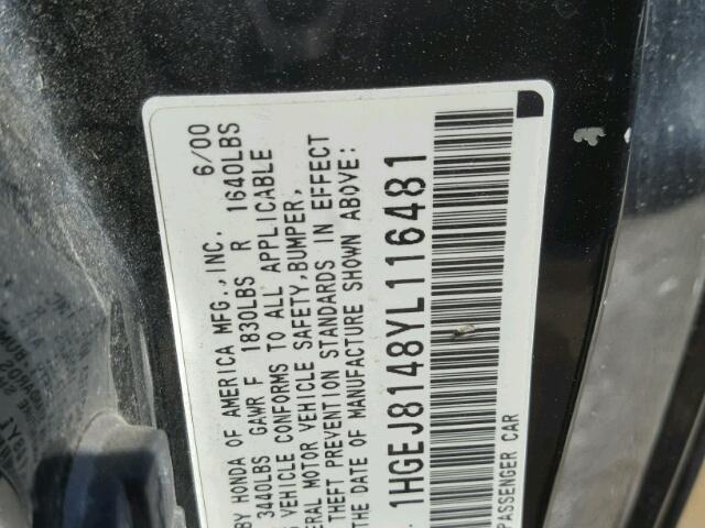 1HGEJ8148YL116481 - 2000 HONDA CIVIC BLACK photo 10