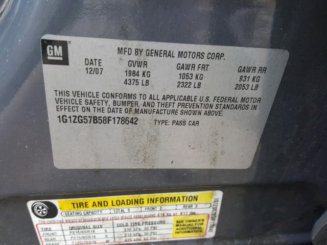 1G1ZG57B58F178642 - 2008 CHEVROLET MALIBU LS ნაცრისფერი ფოტო 10