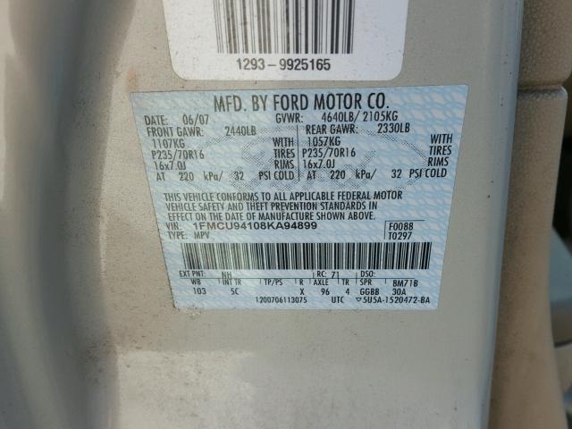 1FMCU94108KA94899 - 2008 FORD ESCAPE LIM WHITE photo 10