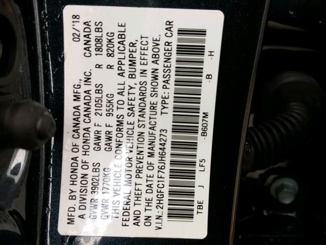 2HGFC1F76JH644273 - 2018 HONDA CIVIC EXL BLUE photo 10