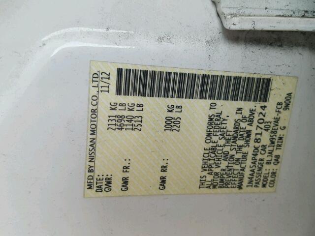 1N4AA5AP4DC817024 - 2013 NISSAN MAXIMA S أبيض صورة 10