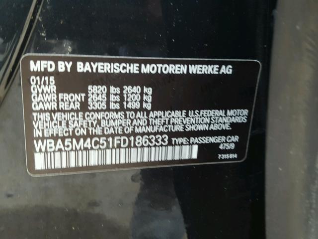 WBA5M4C51FD186333 - 2015 BMW 535 XIGT BLACK photo 10
