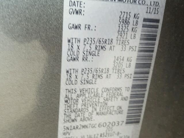 5N1AR2MN7GC602037 - 2016 NISSAN PATHFINDER GRAY photo 10