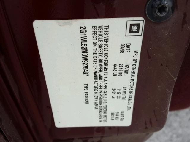 2G1WL52M0W9275437 - 1998 CHEVROLET LUMINA BAS 红色 照片 10